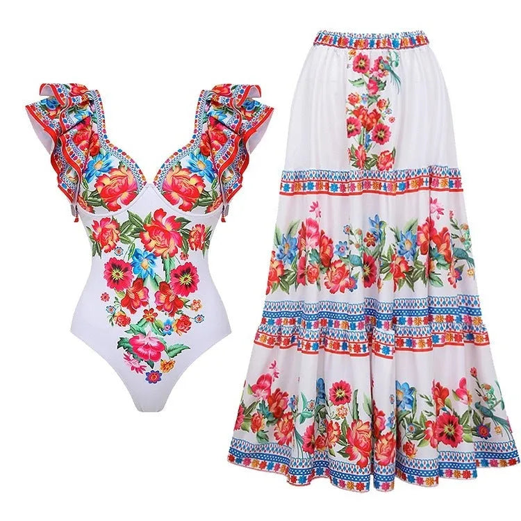 Women's printed polyester one-piece swimsuit in rose pink, blue, white or red apron set colours