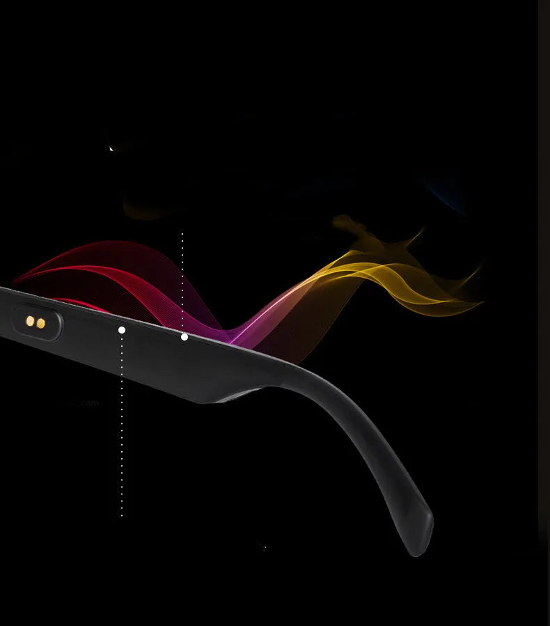 Smart Bluetooth glasses with semi-open audio speakers and UV-protective lenses on a PC+ABS frame.