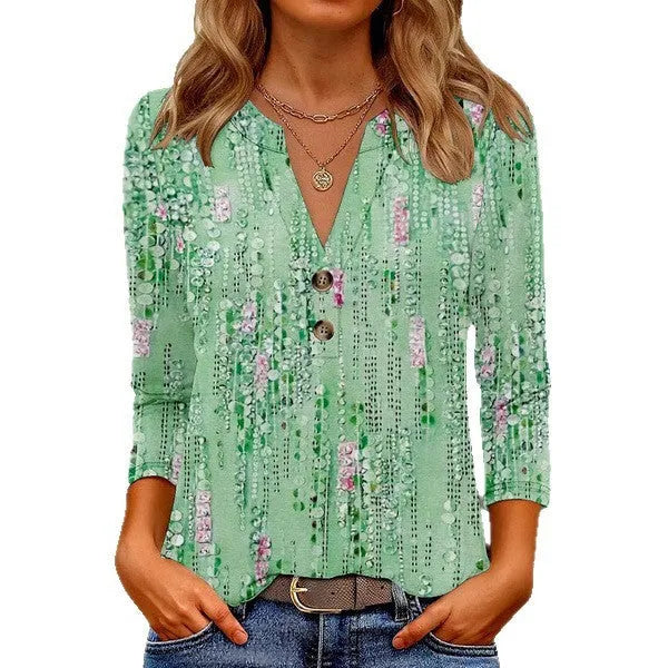 Women's loose fit V-neck top with 3D printed pattern in Japanese Korean casual style