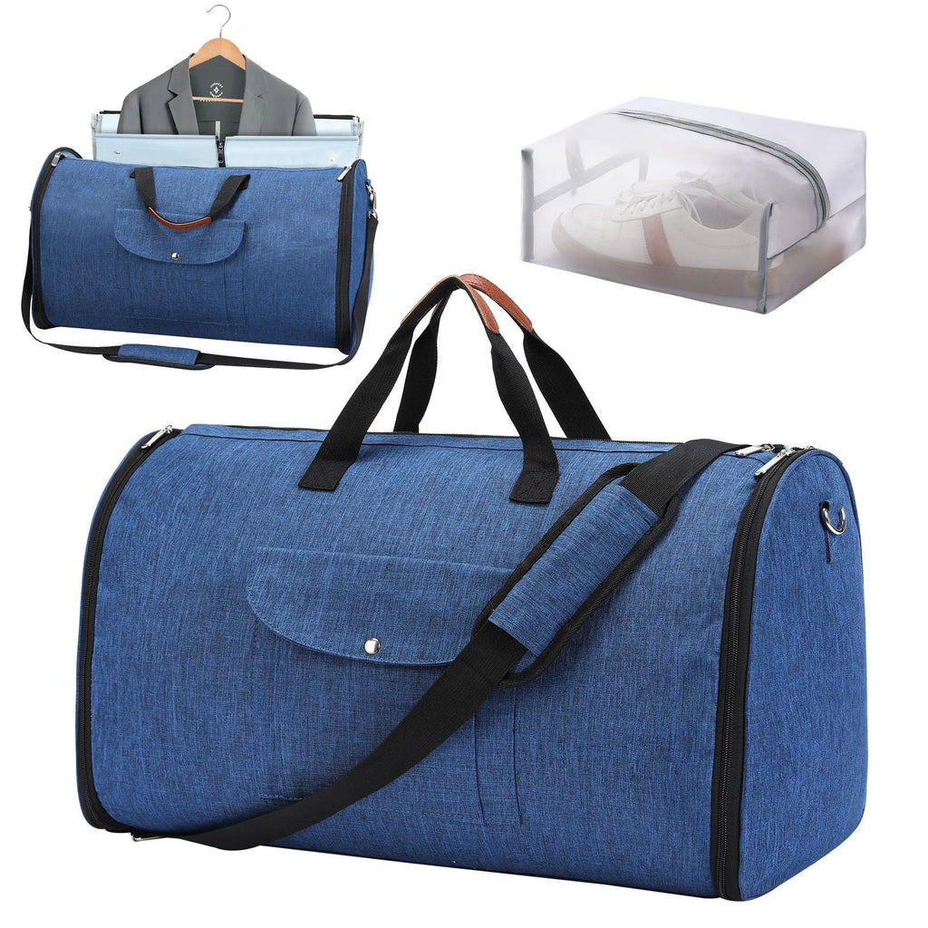 Folding travel duffel bag in dark blue Oxford cloth with 36-55L capacity