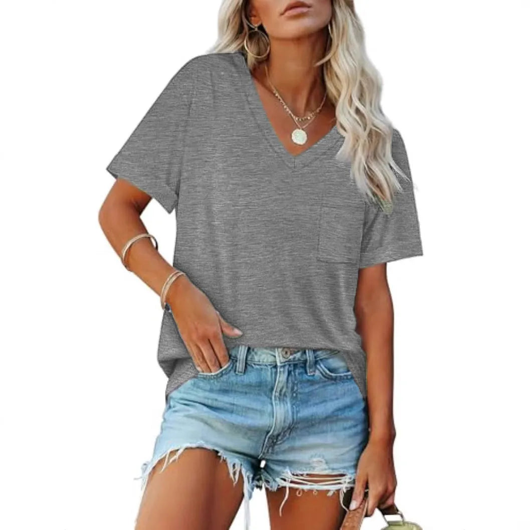 Grey loose fit V-neck T-shirt with front pocket, short sleeves