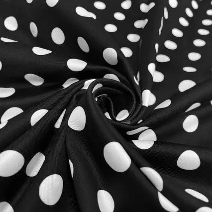 Multicolour polka dot pleated dress with a square collar and short sleeves.