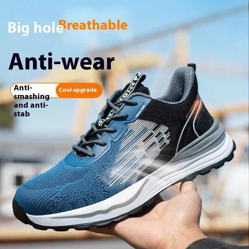 Blue men's safety work shoes with plastic toe cap and mesh upper