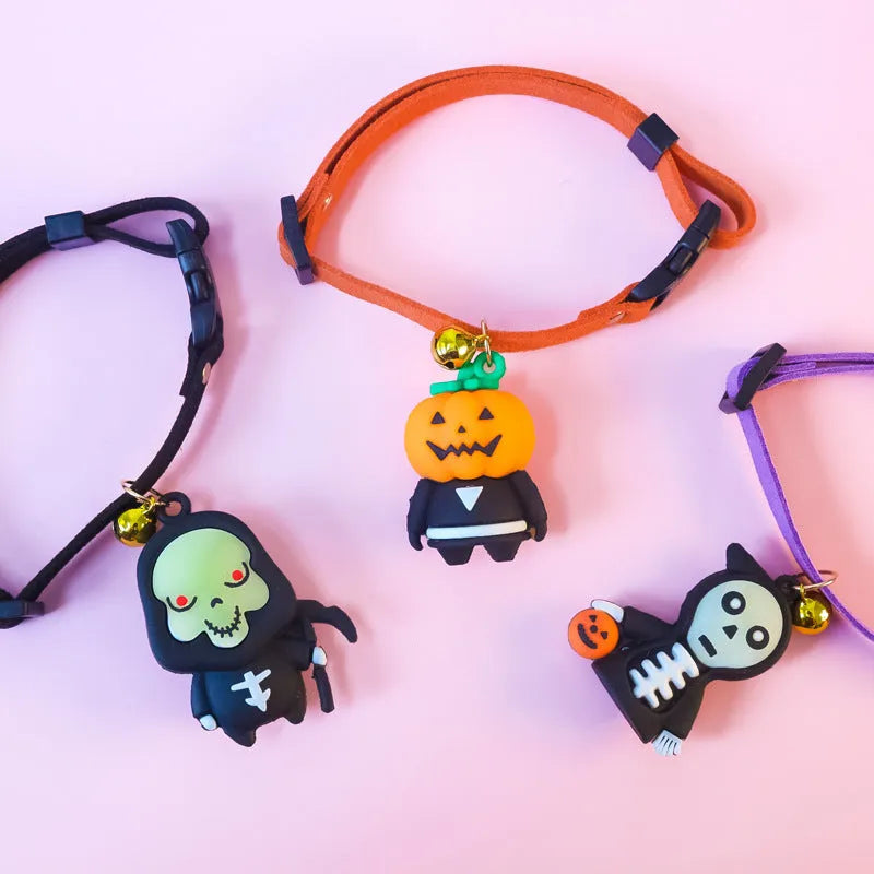 Halloween dog collar decoration with luminous pumpkin man or skull pattern in polyester material