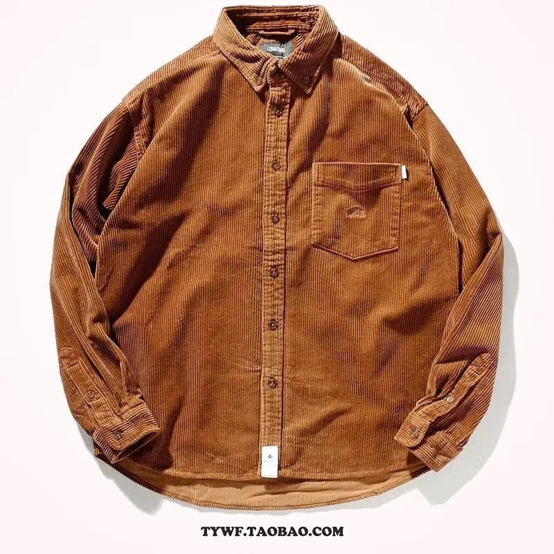 Caramel coloured corduroy long sleeve cardigan shirt with Hong Kong Japanese style loose fit design