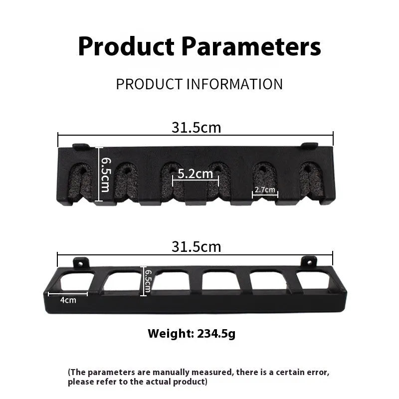 Black ABS plastic wall-mounted fishing rod holder in upright and horizontal frame styles