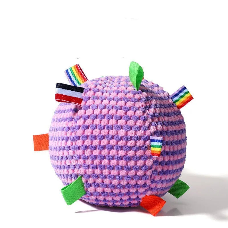 Blue and yellow vocal ball ring dog toy with pineapple lattice texture measuring 17cm diameter