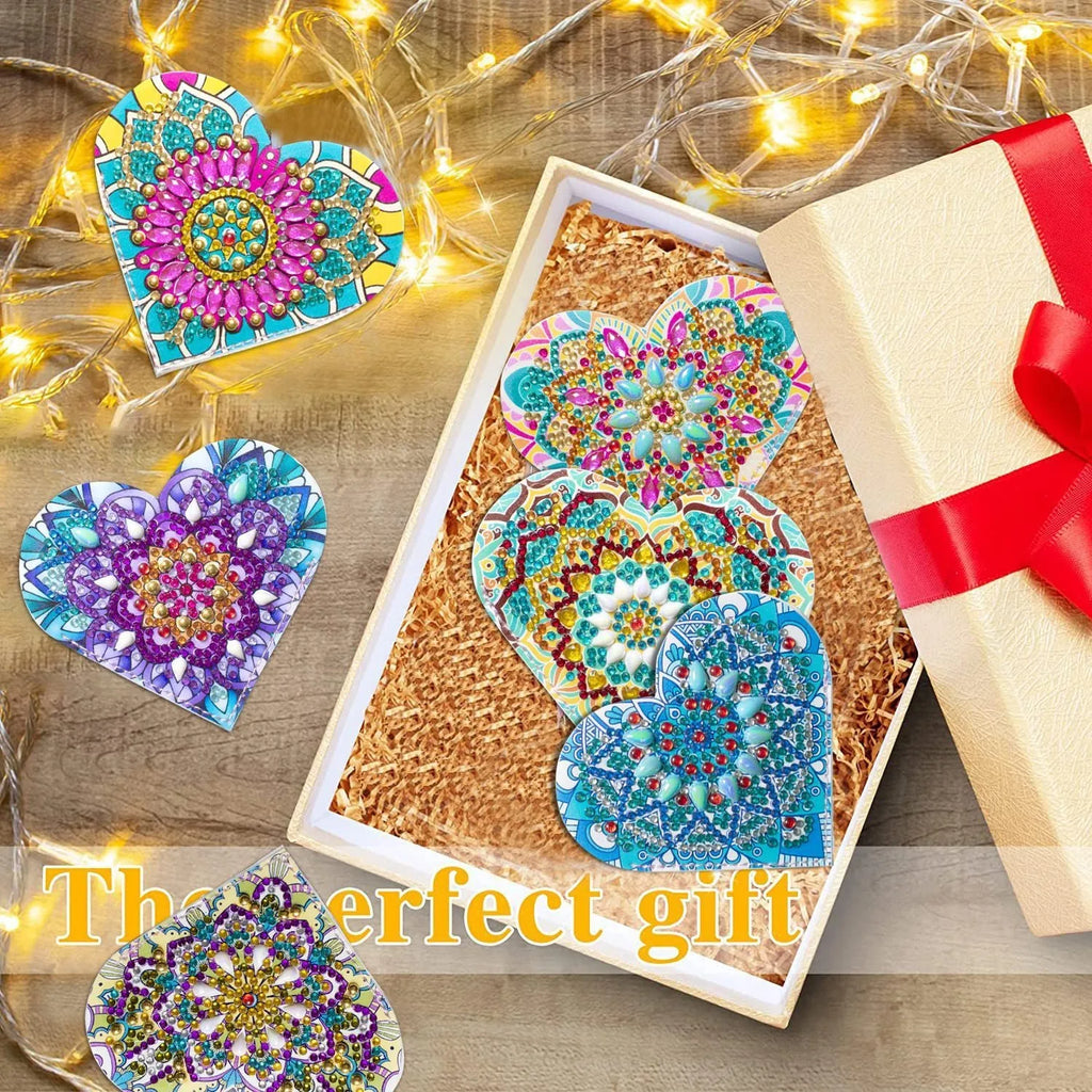 Six handmade PU leather bookmarks with stick-on crystal and flower decorations in a modern style.