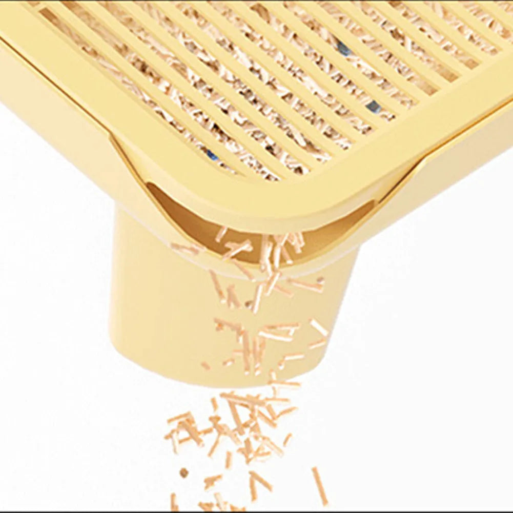 Milk yellow plastic cat litter mat with anti-slip silicone feet measuring 40 x 40.5 cm