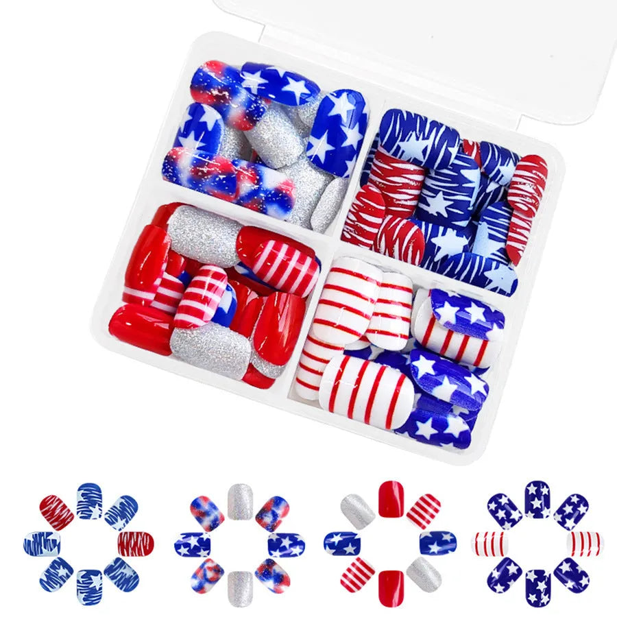 Box of red and blue glitter press-on nail tips with short square shape for Independence Day