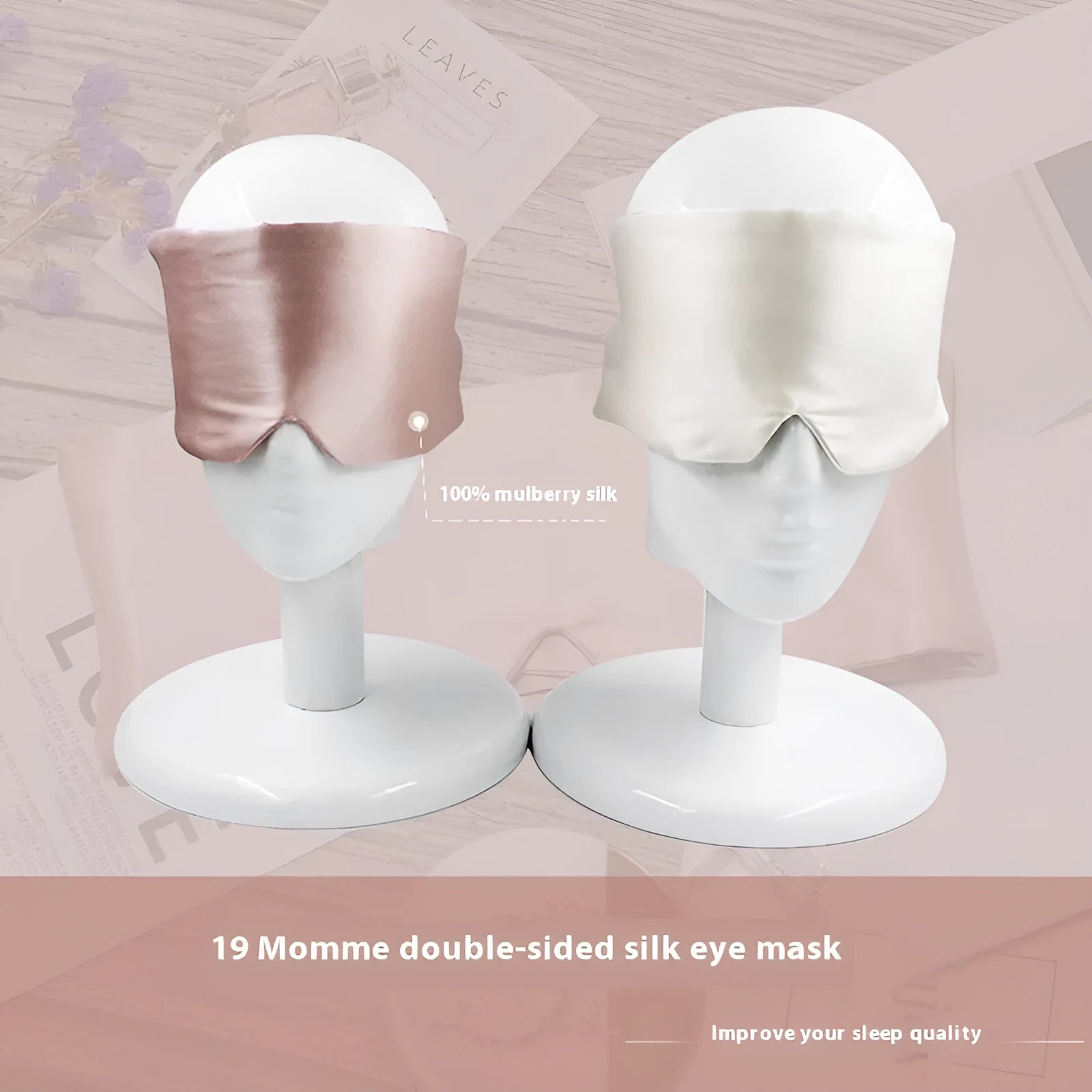 Mulberry silk sleep eye mask shown in champagne gold colour option for light blocking