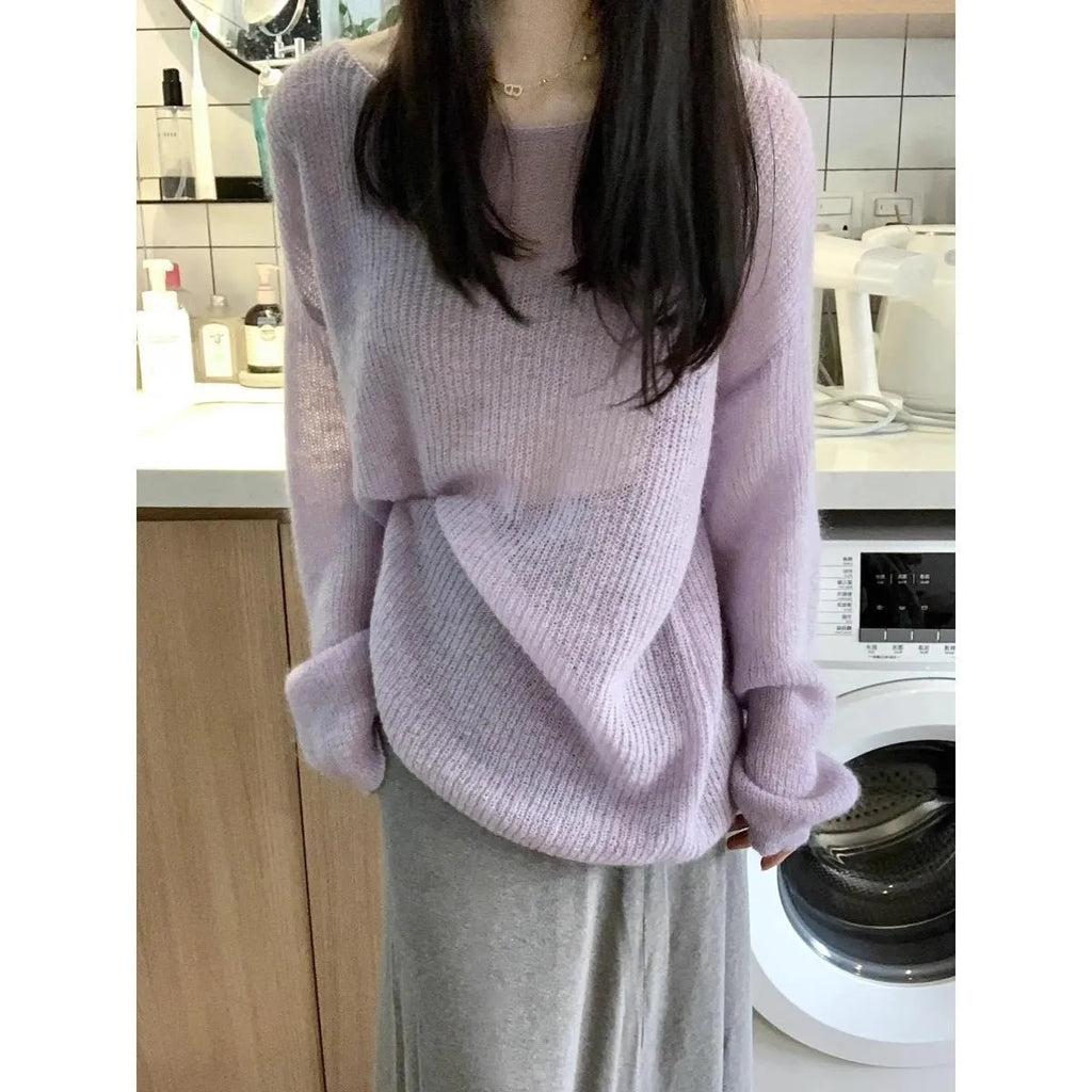 Purple women's blouse with hollow out design and princess sleeves in ice silk fabric