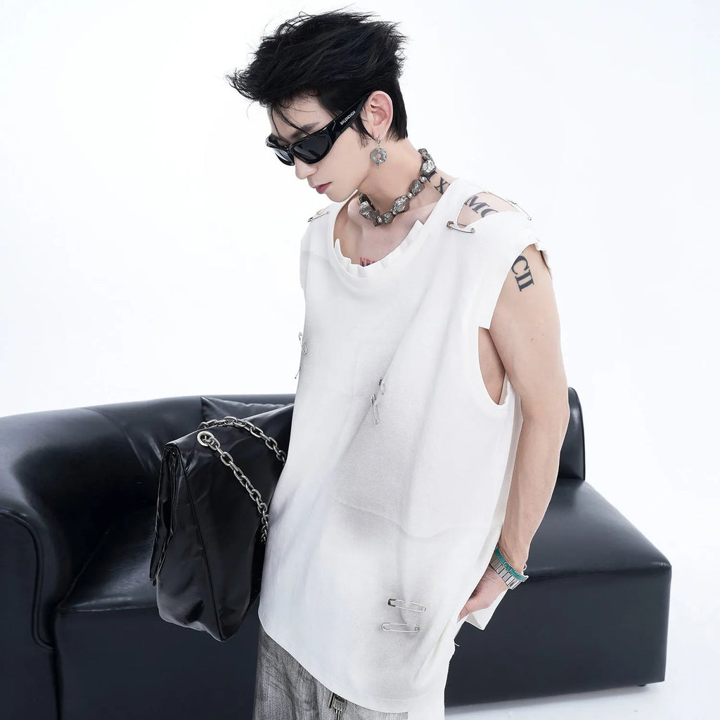 Men's black sleeveless waistcoat vest with irregular ripped cutting details and round neck collar