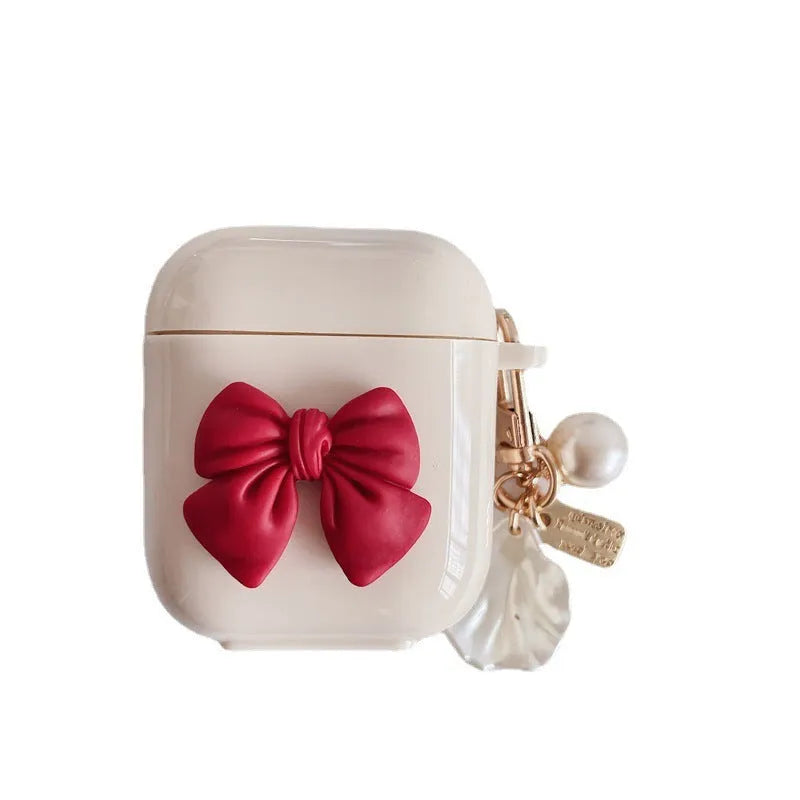 Beige red bow design TPU protective case for AirPods Pro and AirPods 1-3 wireless earphones