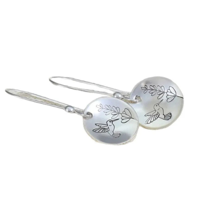 Silver retro women's earrings with bird and leaf designs in polished zinc alloy