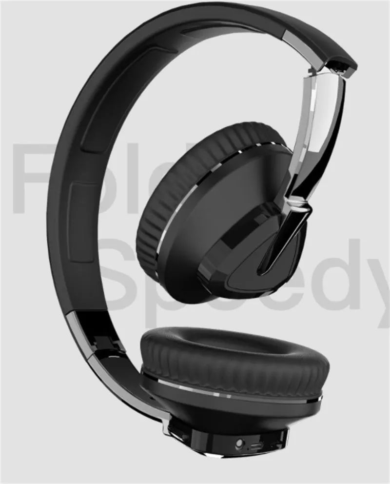 Wireless over-ear headset in black with Bluetooth logo, AUX jack, and TF card slot visible.