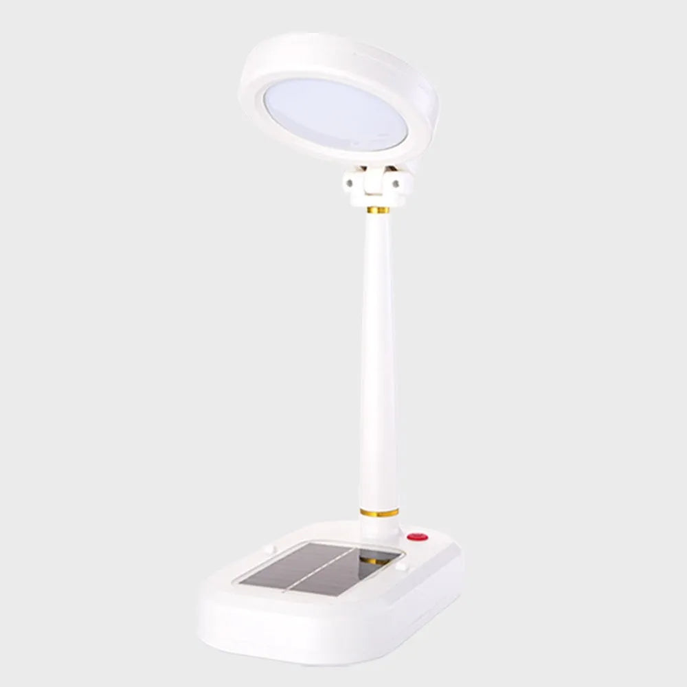 Ivory white solar-powered desk fan and LED study lamp with USB charging port.
