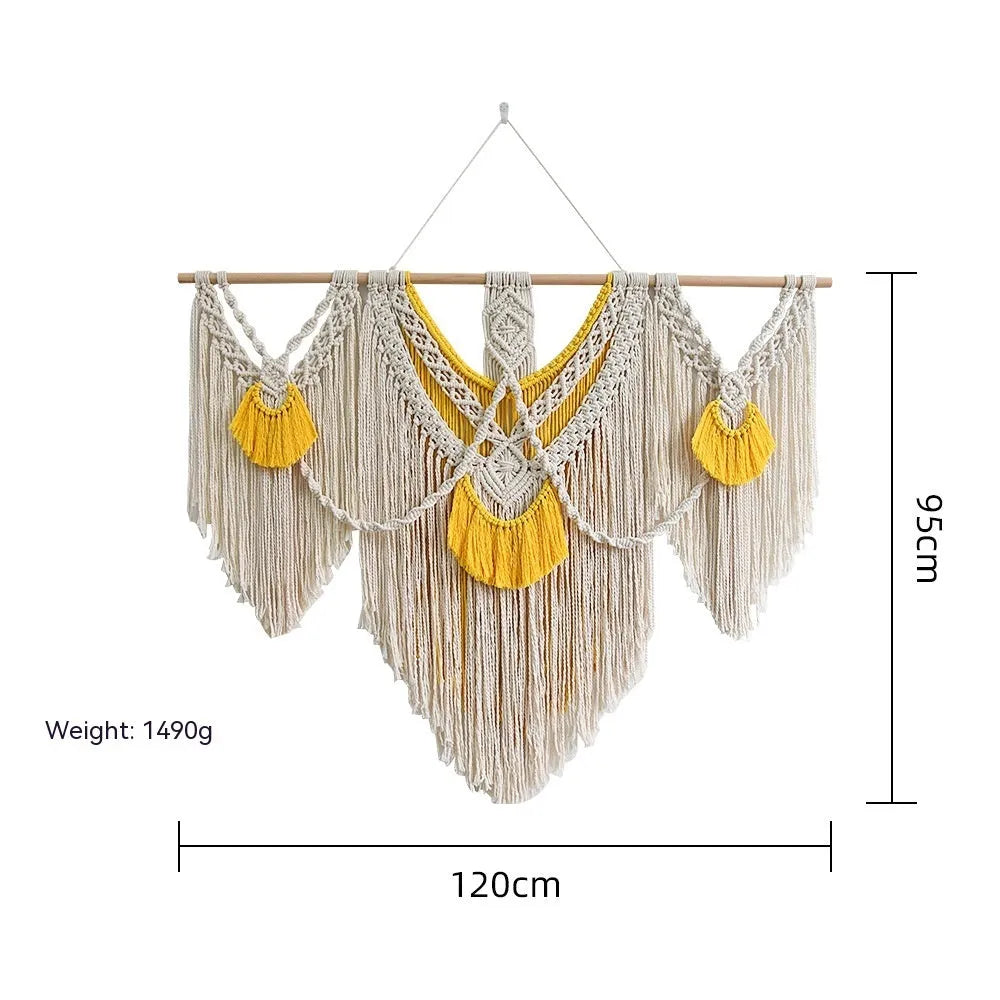 Nordic style woven cotton tapestry in creamy white with yellow accents, rectangular shape measuring 120cm by 95cm