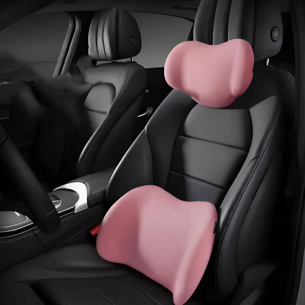 Memory cotton car headrest and back cushion set in black, green, grey, or pink colours.