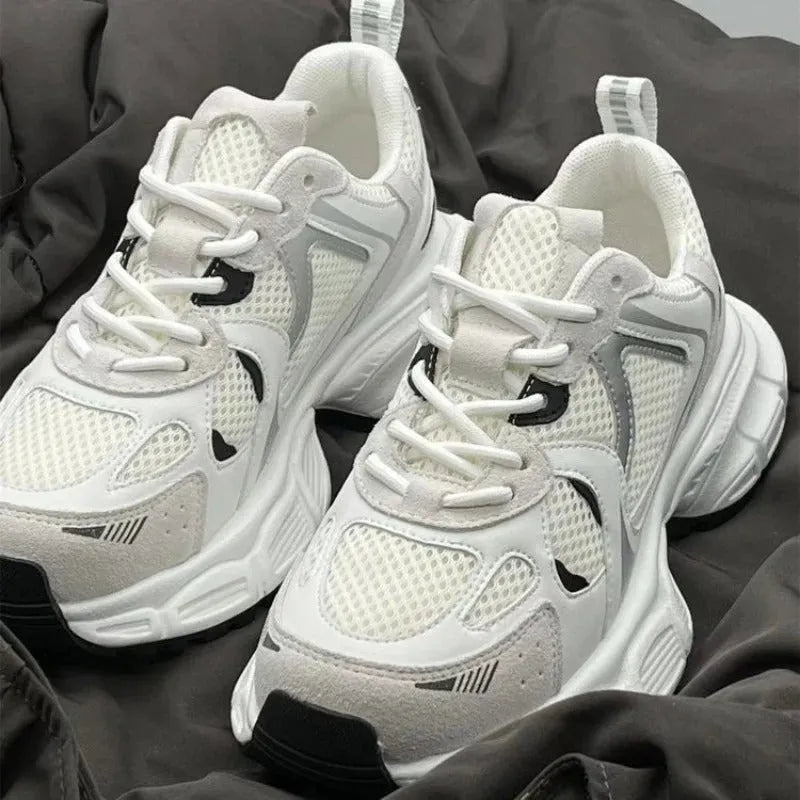 Beige mesh platform sports shoes with wedge heel and lace-up front design