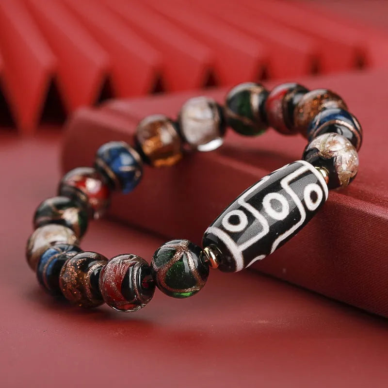 Chinese style bracelet with colourful glaze beads and a central snake charm, showing 10mm bead size option.