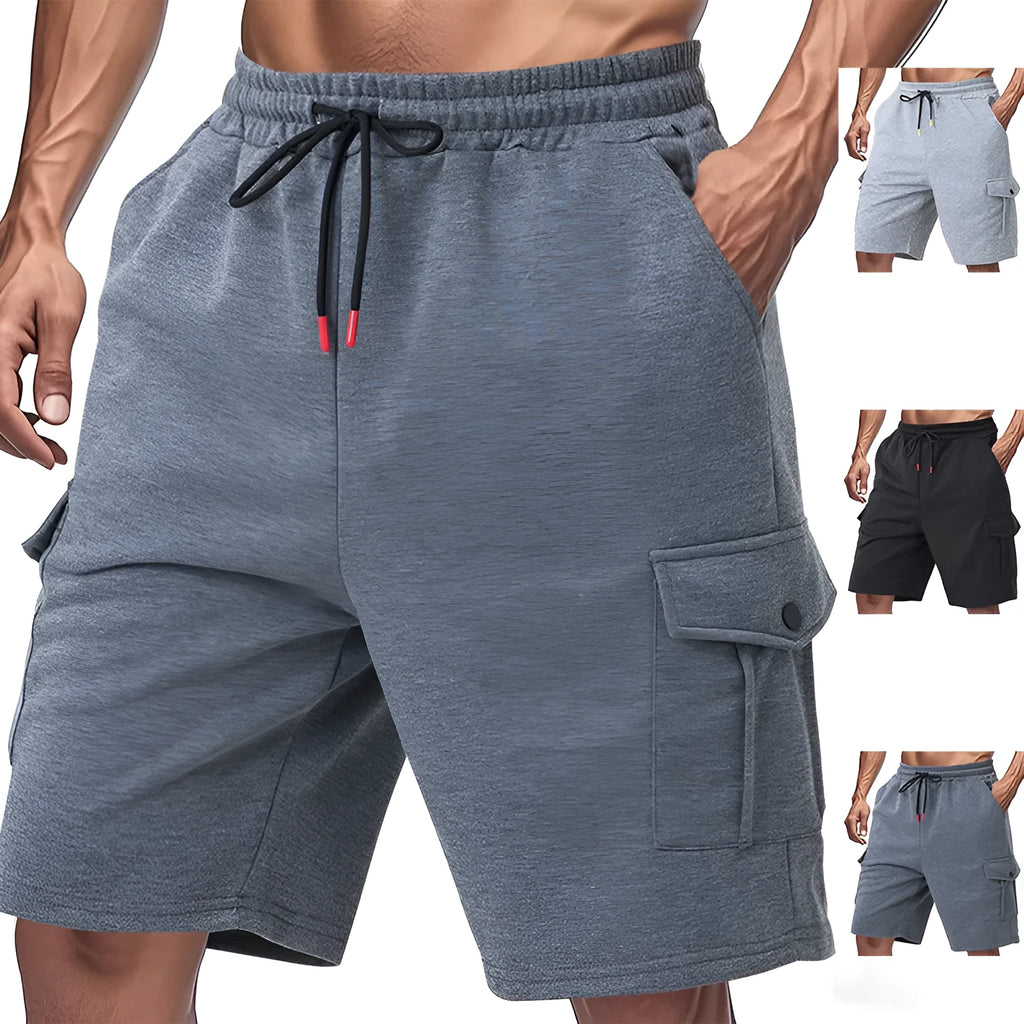 Men's terry cloth cargo shorts with multiple pockets in light grey colour, showing loose fit design