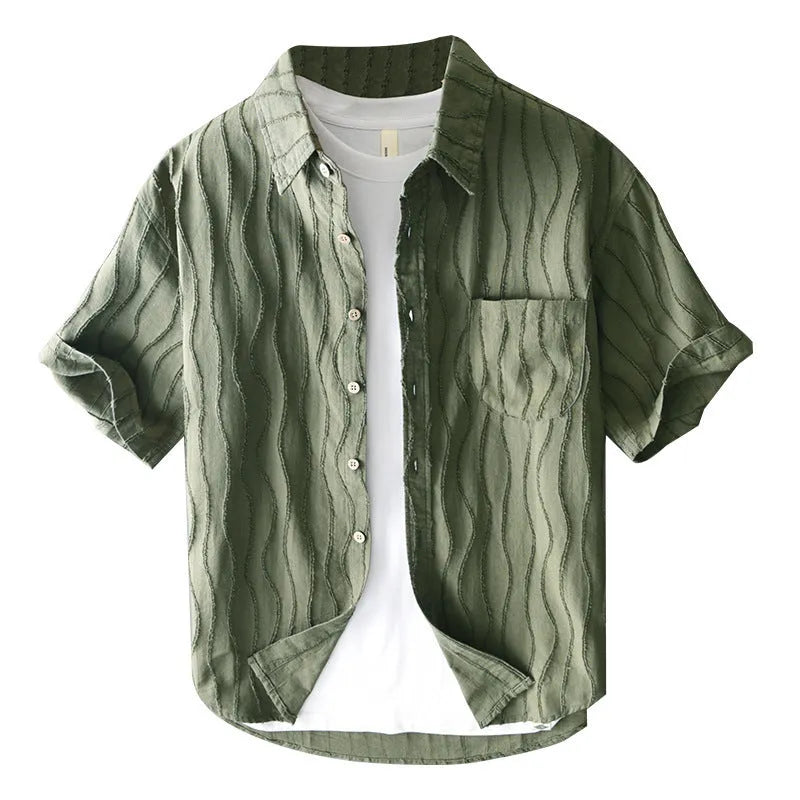 Men's apricot cotton short sleeve casual shirt with loose fit Japanese styling