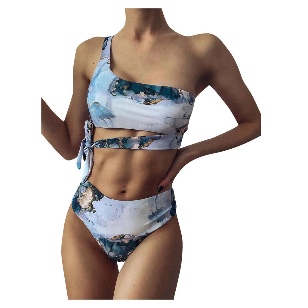 Women's marble tie-dye high waist bikini with U-neck top and separated swimwear design