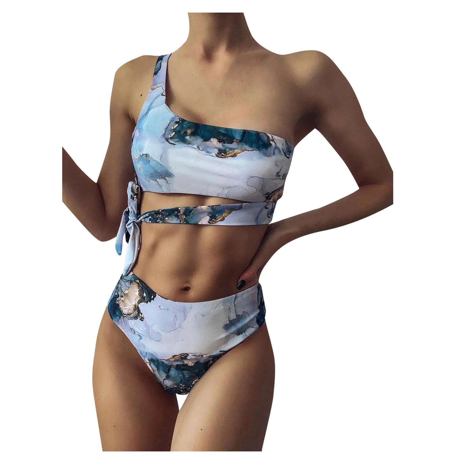 Women's marble tie-dye high waist bikini with U-neck top and separated swimwear design