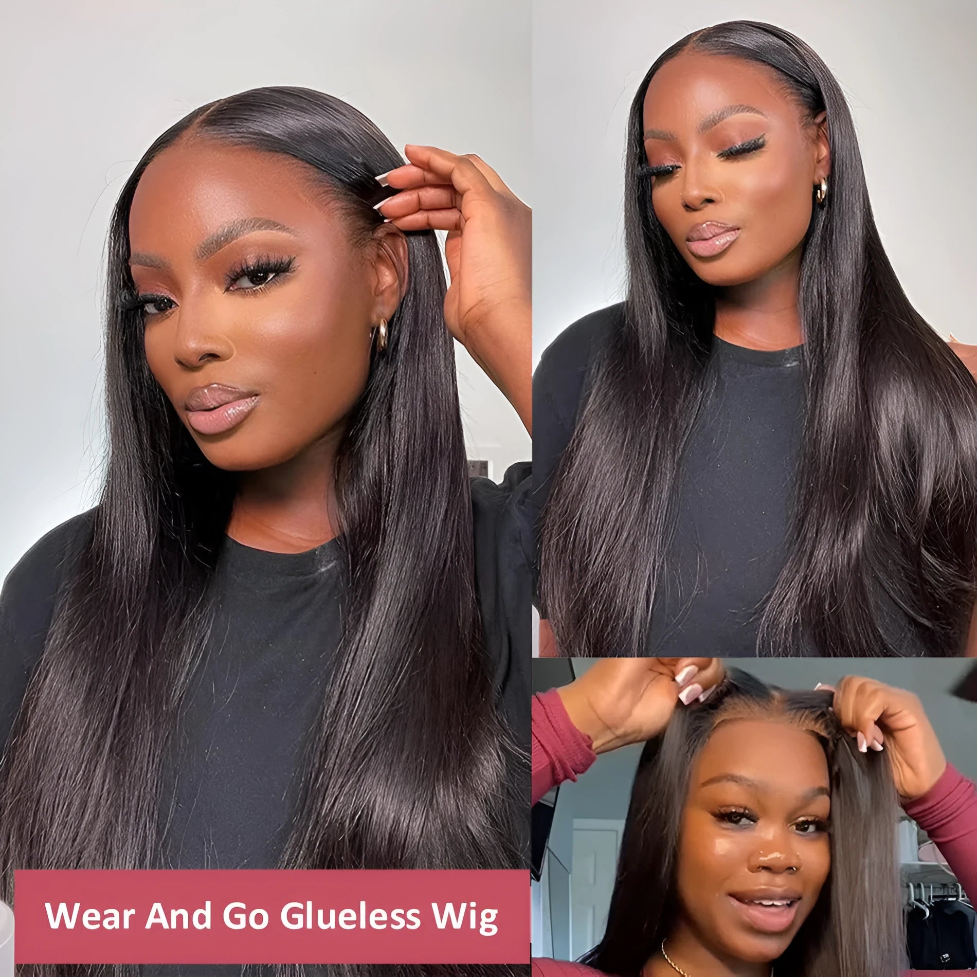 Glueless human hair straight wig with side bangs shown in natural style