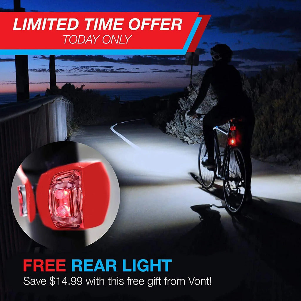 Bicycle headlight and taillight set showing front flashlight, mounting bracket, and separate rear light unit.