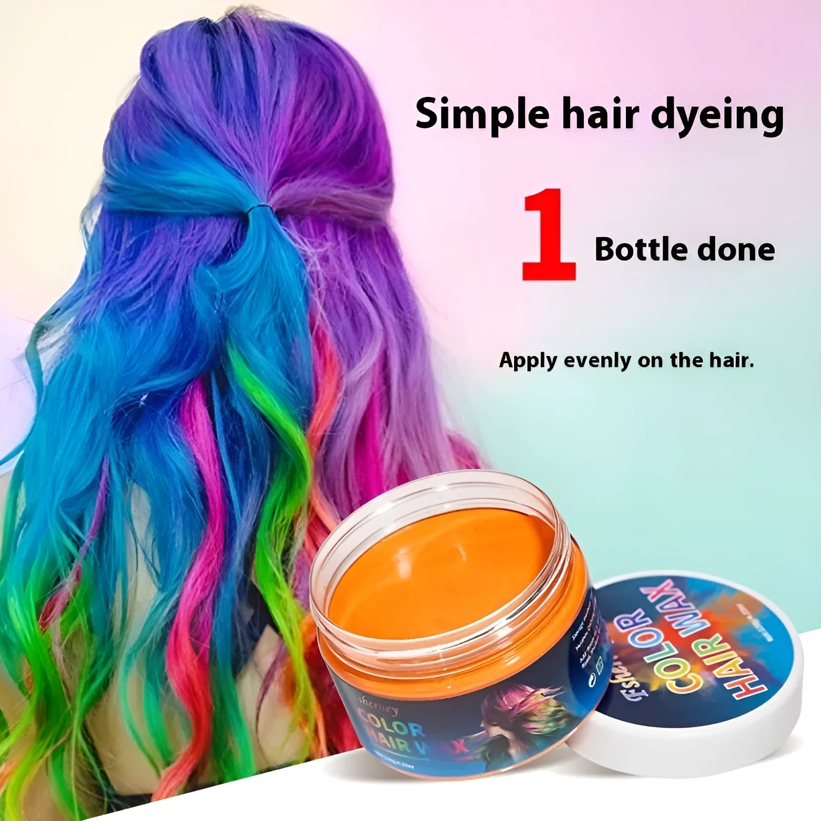 120g hair styling clay container showing colour options including blue, green, orange, purple, red, and grey