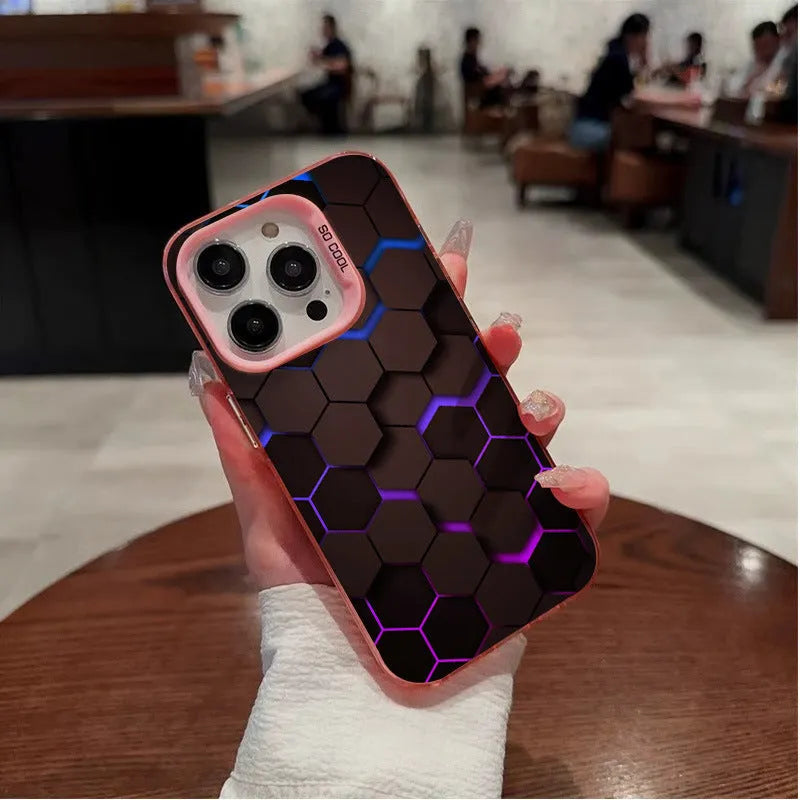 Frosted protective iPhone case with honeycomb square pattern in Moonlight Black, shown fitted on a phone.