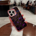 Frosted protective iPhone case with honeycomb square pattern in Moonlight Black, shown fitted on a phone.