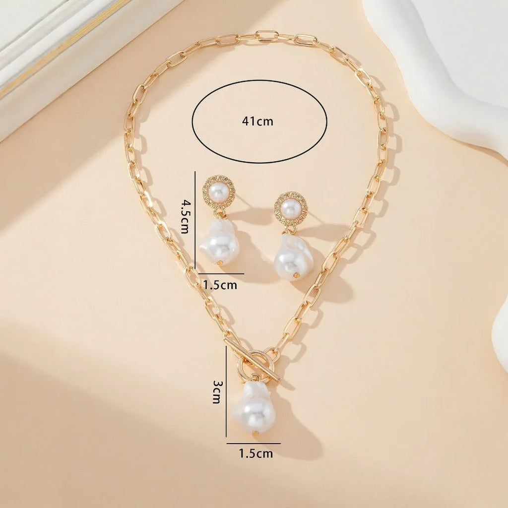 Gold tone baroque pearl necklace and matching ear stud jewellery set for women