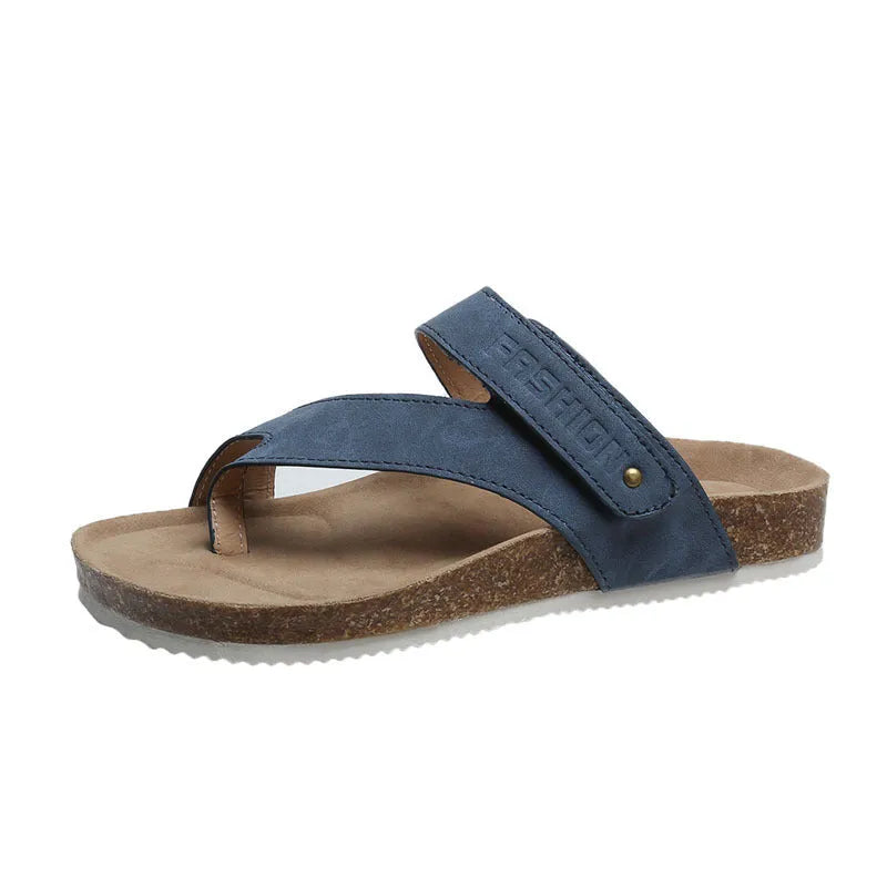 Flat toe ring flip-flops in blue with thick foam sole and artificial PU upper