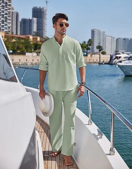 Men's solid colour cotton casual suit with long sleeve top and matching trousers in six colour options