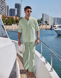 Men's solid colour cotton casual suit with long sleeve top and matching trousers in six colour options