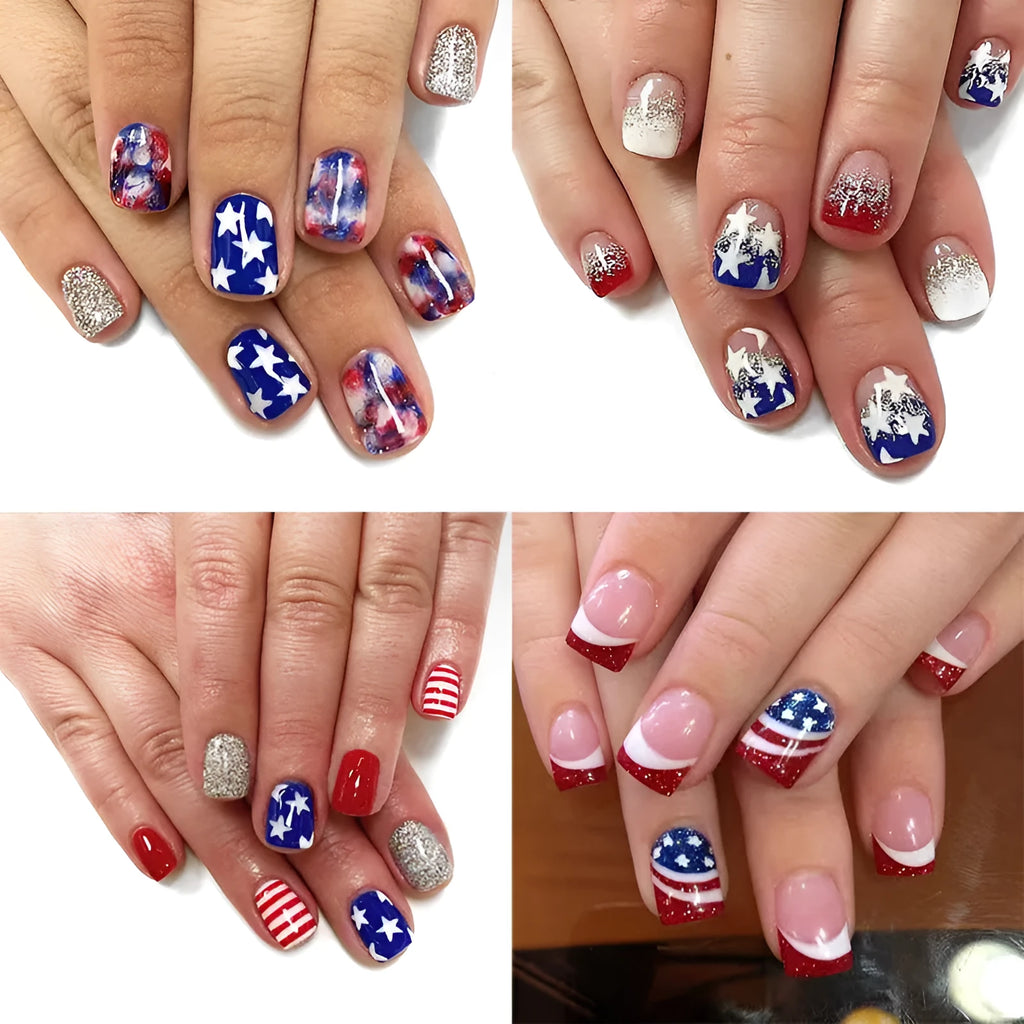 Finished American five-pointed star Independence Day combination false nails with European Square short shapes