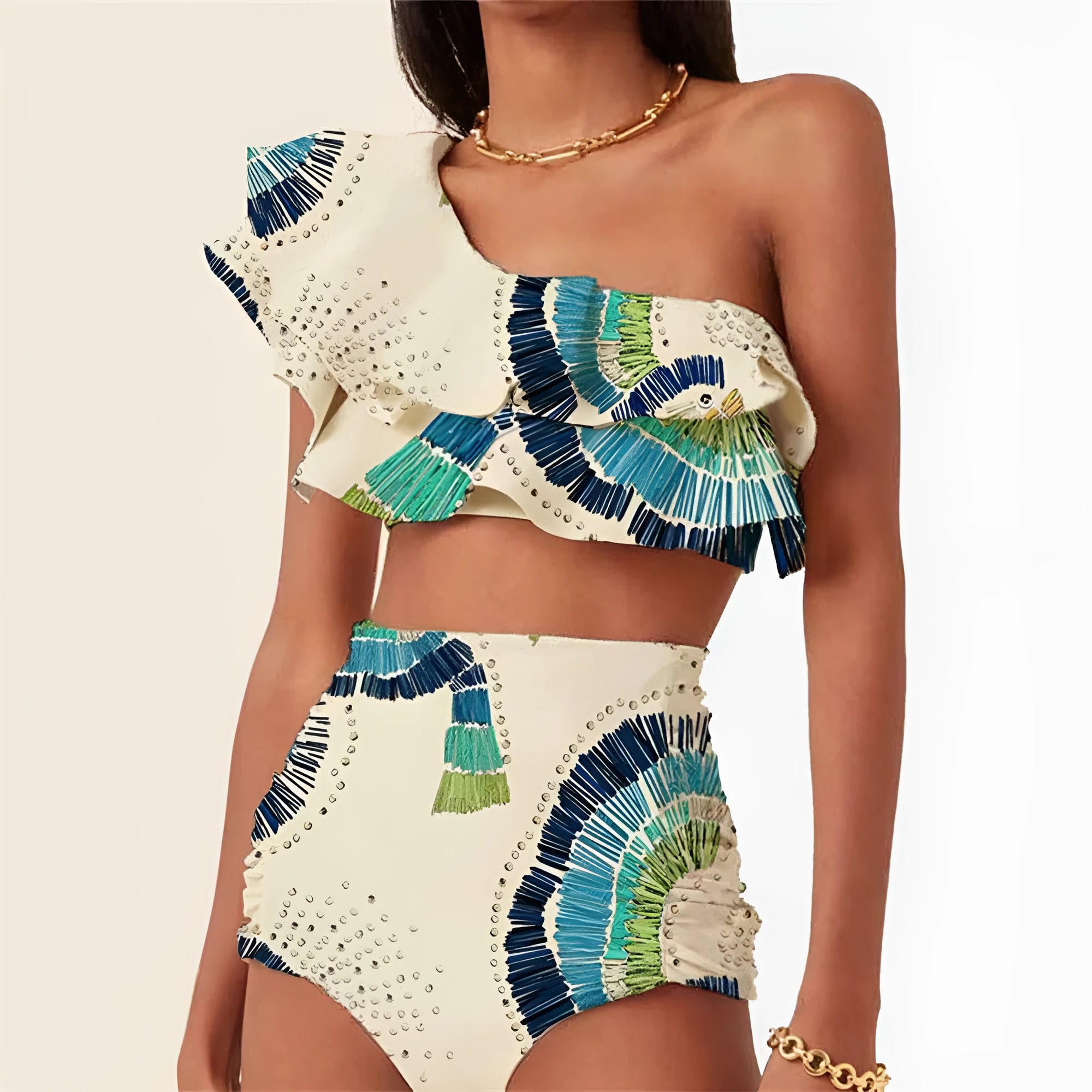 White women's one-shoulder swimsuit with lotus leaf design and double-layer construction