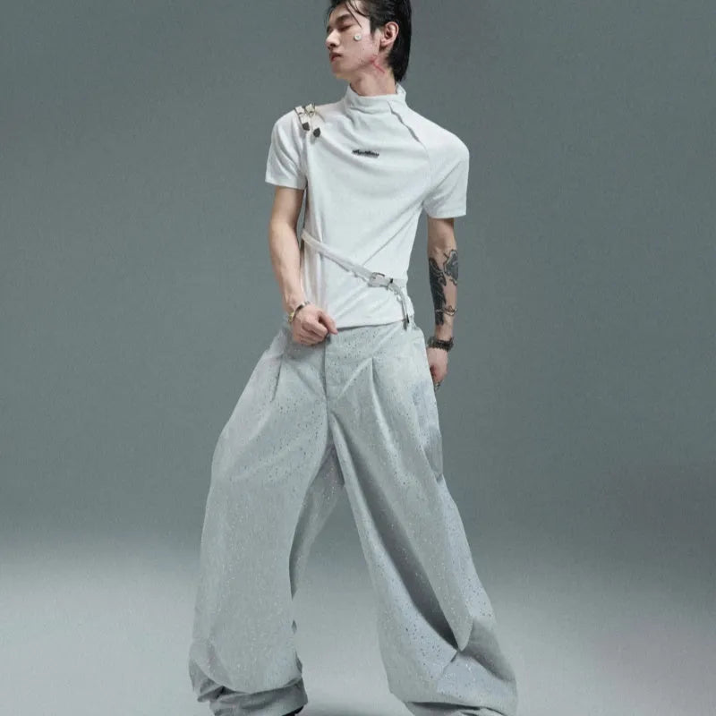 Men's slim fit cotton short sleeve T-shirt with stand-up collar and metal belt detail in black and white colour options