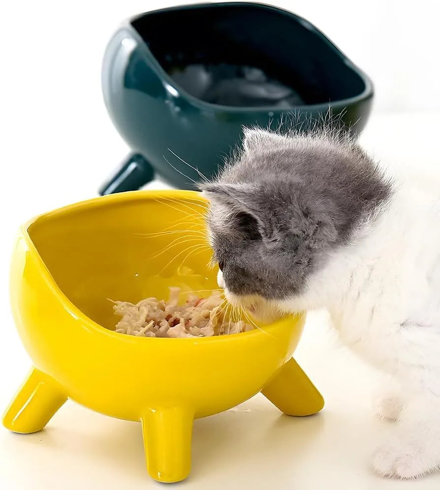 Green ceramic cat food bowl with four-legged stability base and wide mouth opening