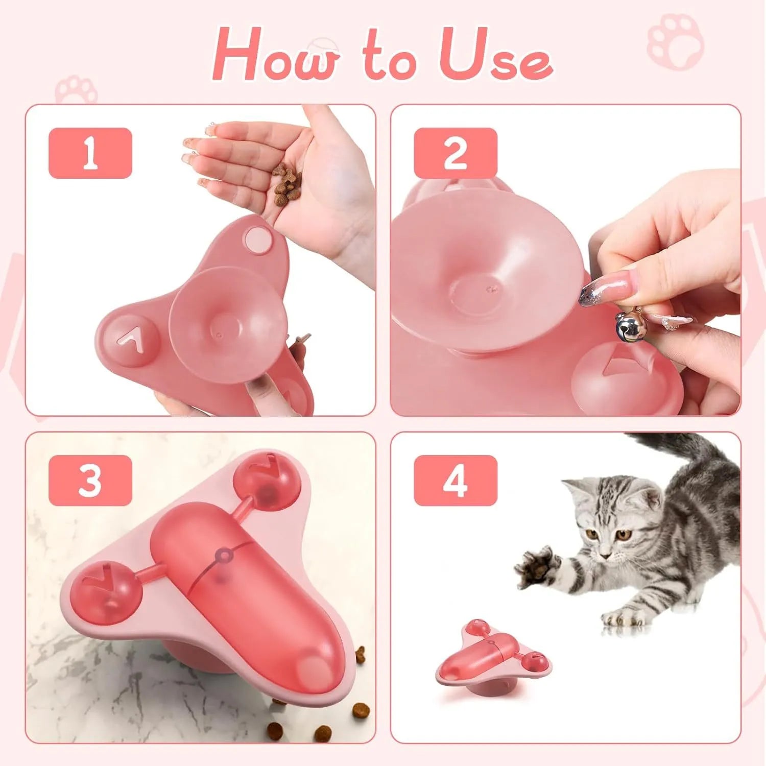 Interactive pet puzzle toy with blue base, a central snack cabin, a bell, and catnip attached. Shows suction cups on bottom.