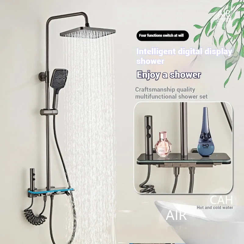 Aluminium digital display shower head set with temperature control in white or grey finish