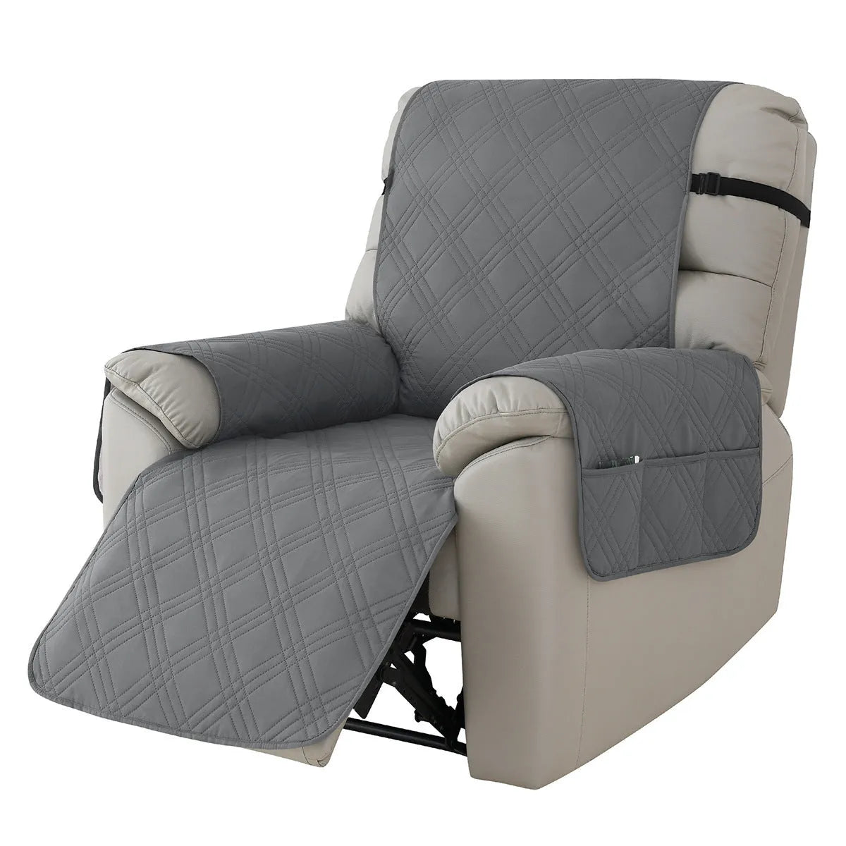 Quilted waterproof sofa cover in burgundy on a Chivas massage chair, showing three-line stitching and fitted design.