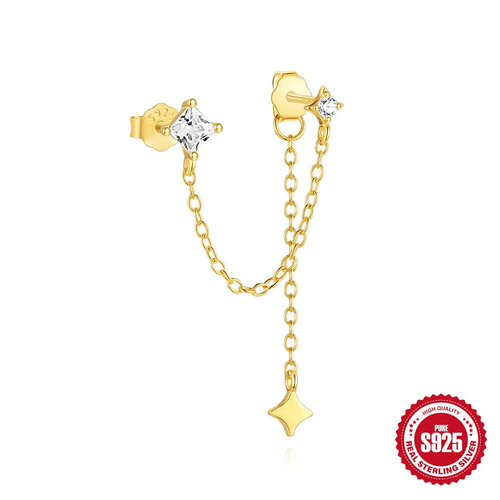 Sterling silver chain stud earrings with zircon inlay in golden geometric designs