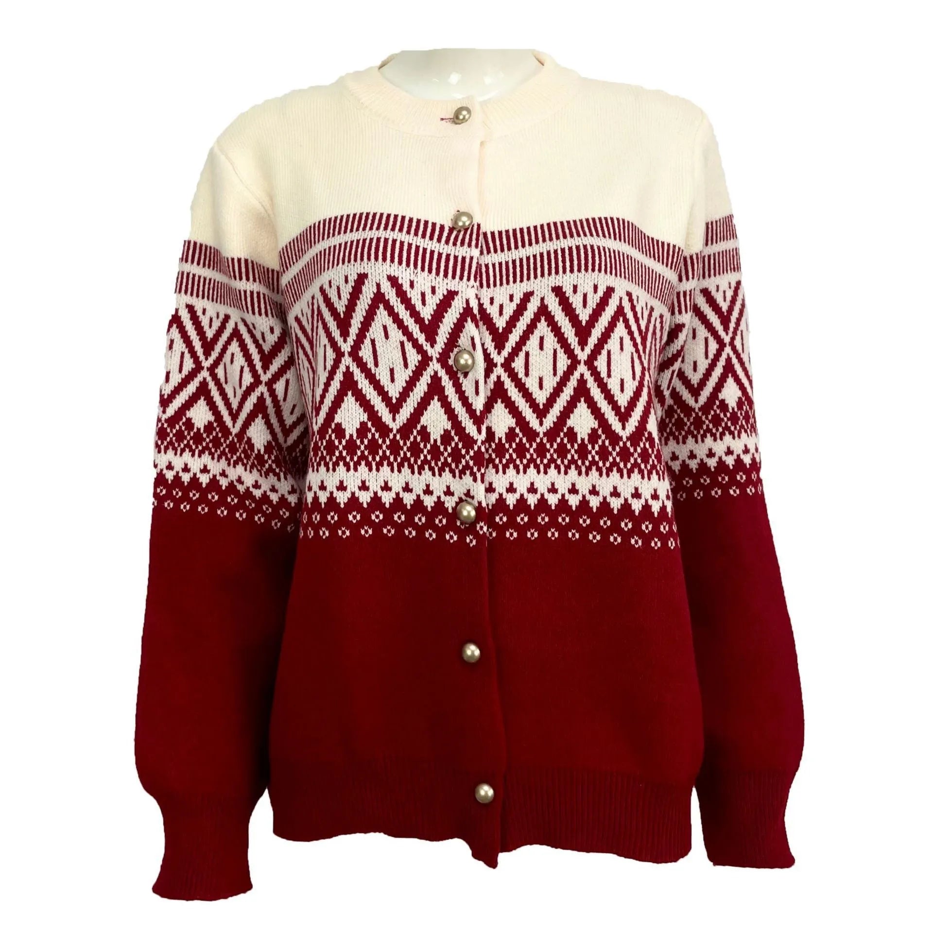 Women's grey alpaca wool cardigan with long sleeves and a diamond knit pattern in contrasting colours.
