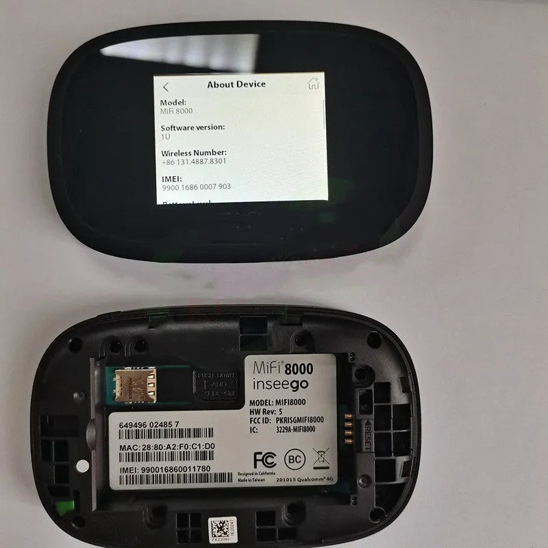 Black MiFi8000 portable 4G wireless router with battery and cable.