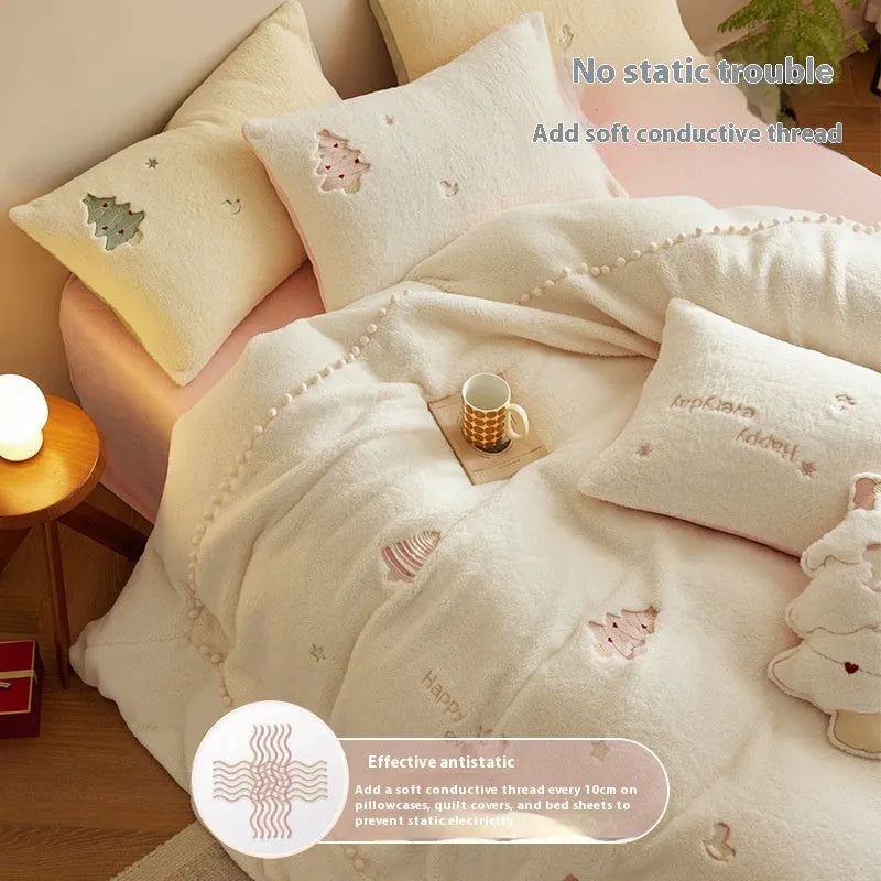 Milk fibre four-piece bedding set with green Christmas tree pattern showing fitted sheet, quilt cover and pillowcase
