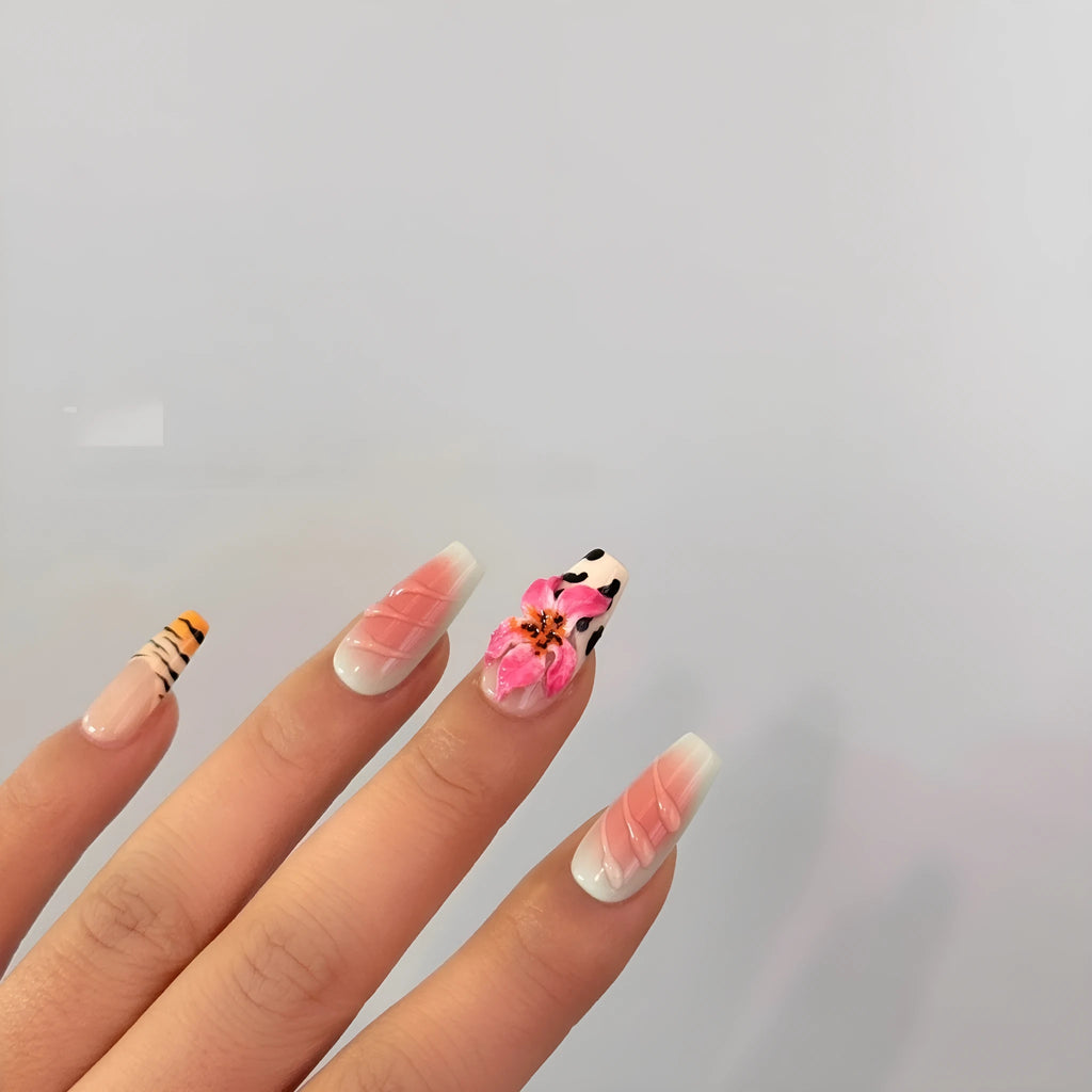 Zebra pattern lily hand carving nail art set with embossed flowers and leopard print in four sizes
